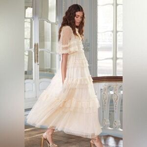 Needle & Thread Peaches Smocked Ankle Gown in Champaign Ivory Size 2